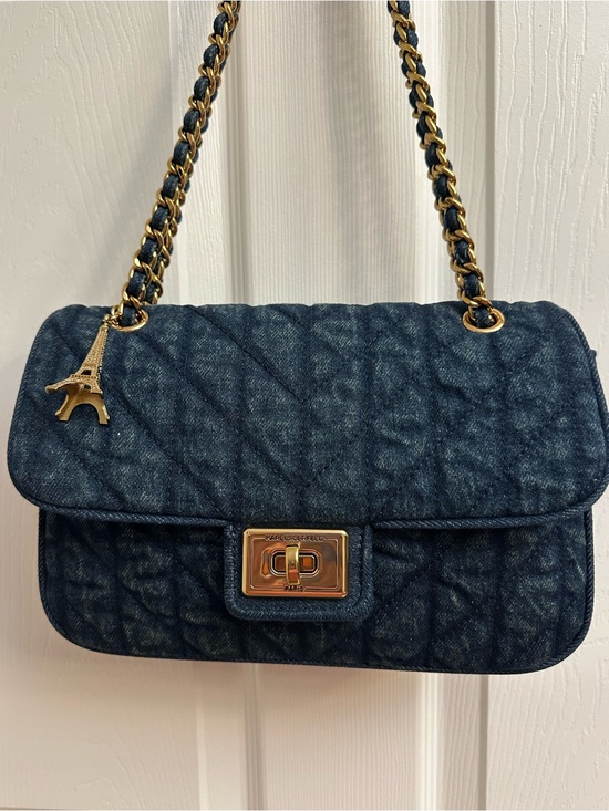 Karl Lagerfeld Handbags - Karl Lagerfeld Quilted Blue Denim Chain Shoulder Bag with Eiffel Charm